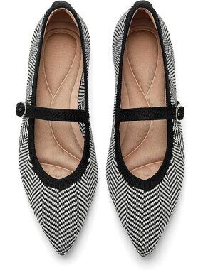 Women  Black Strip Pointed Toe Casual Ballet Flat Ankle Strap Comfortable Shoes